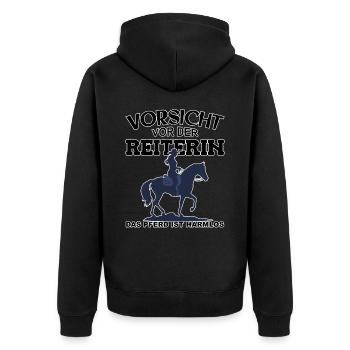 Vorsicht vor der Reiterin, das Pferd ist harmlos - Unisex Premium Bio Zip Hoodie - Schwarz - Hinten - Nico (187cm)