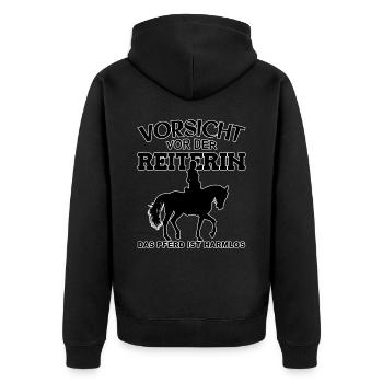 Vorsicht vor der Reiterin, das Pferd ist harmlos - Unisex Premium Bio Zip Hoodie - Schwarz - Hinten - Nico (187cm)