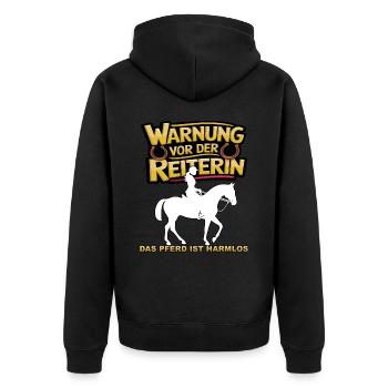 Vorsicht vor der Reiterin, das Pferd ist harmlos - Unisex Premium Bio Zip Hoodie - Schwarz - Hinten - Nico (187cm)