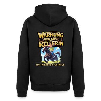 Vorsicht vor der Reiterin, das Pferd ist harmlos - Unisex Premium Bio Zip Hoodie - Schwarz - Hinten - Nico (187cm)