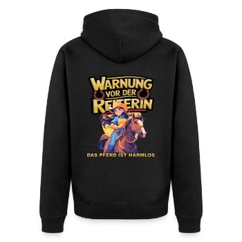 Vorsicht vor der Reiterin, das Pferd ist harmlos - Unisex Premium Bio Zip Hoodie - Schwarz - Hinten - Nico (187cm)