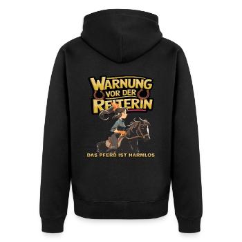Vorsicht vor der Reiterin, das Pferd ist harmlos - Unisex Premium Bio Zip Hoodie - Schwarz - Hinten - Nico (187cm)