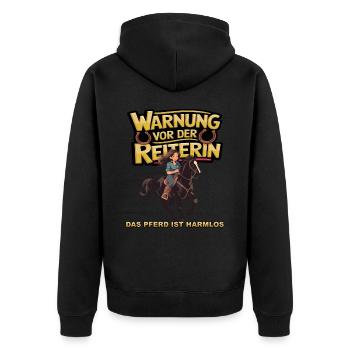 Vorsicht vor der Reiterin, das Pferd ist harmlos - Unisex Premium Bio Zip Hoodie - Schwarz - Hinten - Nico (187cm)