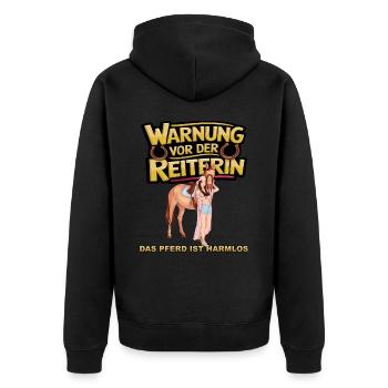 Vorsicht vor der Reiterin, das Pferd ist harmlos - Unisex Premium Bio Zip Hoodie - Schwarz - Hinten - Nico (187cm)
