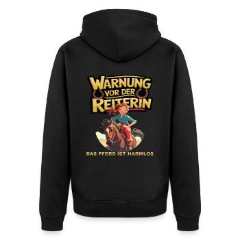 Vorsicht vor der Reiterin, das Pferd ist harmlos - Unisex Premium Bio Zip Hoodie - Schwarz - Hinten - Nico (187cm)