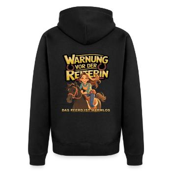Vorsicht vor der Reiterin, das Pferd ist harmlos - Unisex Premium Bio Zip Hoodie - Schwarz - Hinten - Nico (187cm)