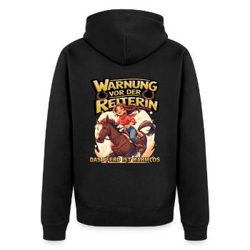 Vorsicht vor der Reiterin, das Pferd ist harmlos - Unisex Premium Bio Zip Hoodie - Schwarz - Hinten - Nico (187cm)