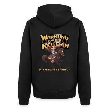 Vorsicht vor der Reiterin, das Pferd ist harmlos - Unisex Premium Bio Zip Hoodie - Schwarz - Hinten - Nico (187cm)
