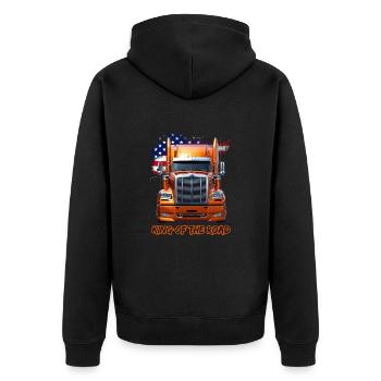 US LKW Amerika mit Flagge -King of the road - Unisex Premium Bio Zip Hoodie - Schwarz - Hinten - Nico (187cm)