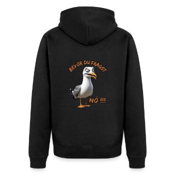 Lustiger Spruch mit Möwe Bevor du fragst Nö !!! - Unisex Premium Bio Zip Hoodie - Schwarz - Hinten - Nico (187cm)