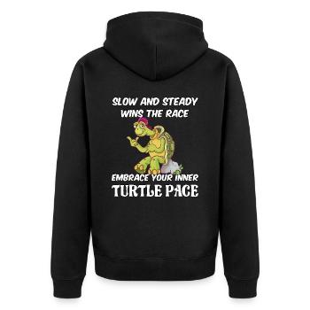 Slow and steady wins the race embrace turtle pace - Unisex Premium Bio Zip Hoodie - Schwarz - Hinten - Nico (187cm)