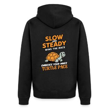 Slow and steady wins the race embrace turtle pace - Unisex Premium Bio Zip Hoodie - Schwarz - Hinten - Nico (187cm)