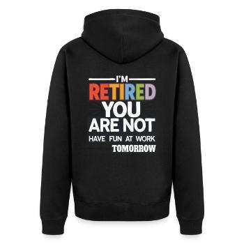 Retired 2025 - Ich bin RENTE, DU nicht - Unisex Premium Bio Zip Hoodie - Schwarz - Hinten - Nico (187cm)