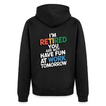 Retired 2025 - Ich bin RENTE, DU nicht - Unisex Premium Bio Zip Hoodie - Schwarz - Hinten - Nico (187cm)
