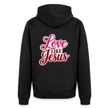 Love like Jesus - christliches Design Glaube Gott - Unisex Premium Bio Zip Hoodie - Schwarz - Hinten - Nico (187cm)