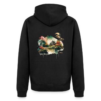 Japanisches Haus am See - Unisex Premium Bio Zip Hoodie - Schwarz - Hinten - Nico (187cm)