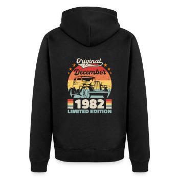 Dezember 1982 Geburtstagsgeschenk Dezember 1982 - Unisex Premium Bio Zip Hoodie - Schwarz - Hinten - Nico (187cm)