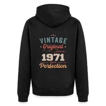 June 1971 Aged to Perfection June 1971 vintage - Unisex Premium Bio Zip Hoodie - Schwarz - Hinten - Nico (187cm)