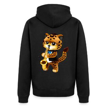 Leopard mit Saxophon - Unisex Premium Bio Zip Hoodie - Schwarz - Hinten - Nico (187cm)