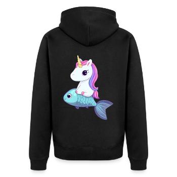 Einhorn reitet auf Fisch - Unisex Premium Bio Zip Hoodie - Schwarz - Hinten - Nico (187cm)