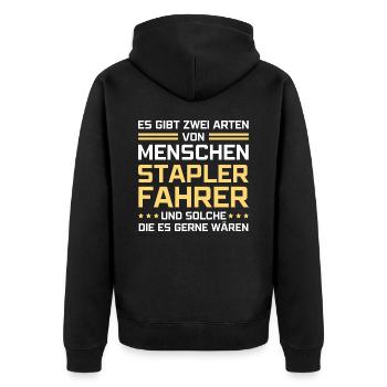 Es gibt zwei Arten von Menschen - Staplerfahrer - Unisex Premium Bio Zip Hoodie - Schwarz - Hinten - Nico (187cm)
