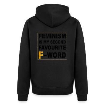 Feminismus ist mein zweitliebstes F-Wort - Unisex Premium Bio Zip Hoodie - Schwarz - Hinten - Nico (187cm)