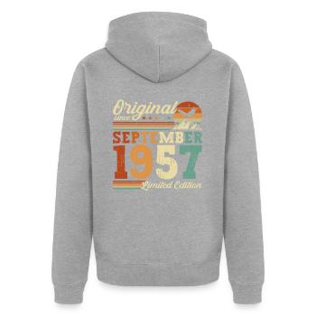 Septembre 1957 Vintage Retro Anniversaire - Veste à capuche bio Premium Unisexe - gris chiné - Dos - Nico (187cm)