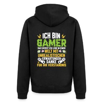 Ich bin Gamer. Das heißt, ich lebe in einer Wel... - Unisex Premium Bio Zip Hoodie - Schwarz - Hinten - Nico (187cm)