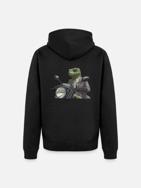 Un reptil verde bien vestido en una motocicleta - Premium økologisk unisex-hættejakke - sort