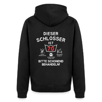 Dieser Schlosser ist 70. Schonend behandeln - Unisex Premium Bio Zip Hoodie - Schwarz - Hinten - Nico (187cm)