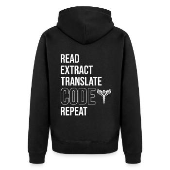 Kodierfachkraft - Unisex Premium Bio Zip Hoodie - Schwarz - Hinten - Nico (187cm)