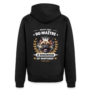 Vorsicht vor dem Herrchen, die Bulldogge ist... - Unisex Premium Bio Zip Hoodie - Schwarz - Hinten - Nico (187cm)
