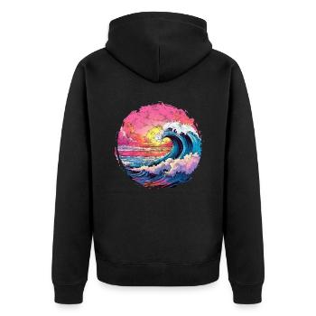 Meer, Welle, Sonnenuntergang, Sonne, Strand Sommer - Unisex Premium Bio Zip Hoodie - Schwarz - Hinten - Nico (187cm)