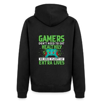 Gamer müssen sich nicht gesund ernähren, wir haben Leben - Unisex Premium Bio Zip Hoodie - Schwarz - Hinten - Nico (187cm)