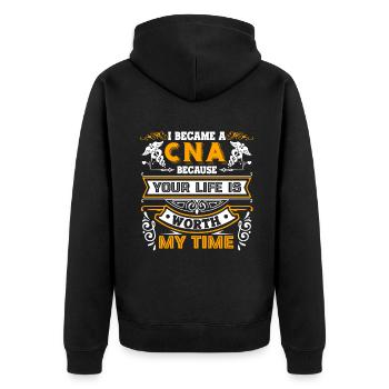 CNA I Became A CNA - Unisex Premium Organic Zip Hoodie - black - Back - Nico (187cm)