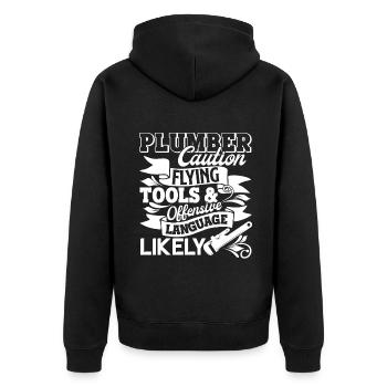 Plumber Plumber Caution - Unisex Premium Organic Zip Hoodie - black - Back - Nico (187cm)
