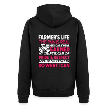 Farmer Farmer's Life The Pain Is Real - Unisex Premium Organic Zip Hoodie - black - Back - Nico (187cm)