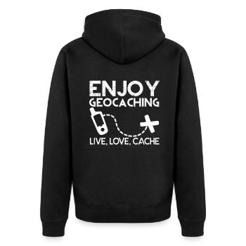 Geocaching Enjoy Geocaching - Unisex Premium Organic Zip Hoodie - black - Back - Nico (187cm)