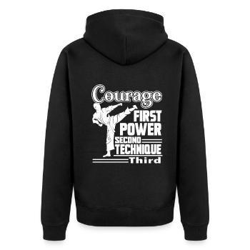 Karate Karate Courage First Power Second - Unisex Premium Organic Zip Hoodie - black - Back - Nico (187cm)