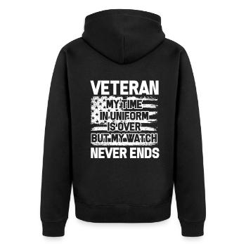 Veteran Veteran My Time In Uniform Is Over - Unisex Premium Organic Zip Hoodie - black - Back - Nico (187cm)