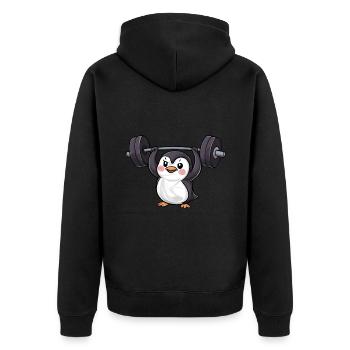 Pinguin Hantel Workout Stark - Unisex Premium Bio Zip Hoodie - Schwarz - Hinten - Nico (187cm)