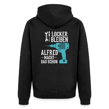 Alfred Macht Das Schon Werkstatt Hausmeister - Unisex Premium Bio Zip Hoodie - Schwarz - Hinten - Nico (187cm)
