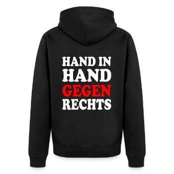 Hand in hand gegen rechts - Unisex Premium Bio Zip Hoodie - Schwarz - Hinten - Nico (187cm)