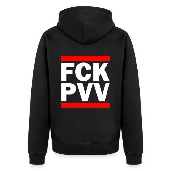 Fck pvv - Unisex Premium Bio Zip Hoodie - Schwarz - Hinten - Nico (187cm)