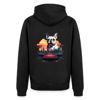 SILHOUETTE DER FRANZÖSISCHEN BULLDOGGE MIT EINEM SONNENUNTERGANG IN DER STADT - Unisex Premium Bio Zip Hoodie - Schwarz - Hinten - Nico (187cm)