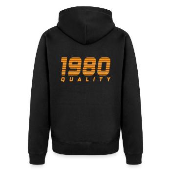 1980 quality | Color changeable - Unisex Premium Organic Zip Hoodie - black - Back - Nico (187cm)