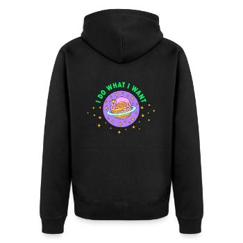 Lustige Katze im Weltraum "Ich mach was ich will" - Unisex Premium Bio Zip Hoodie - Schwarz - Hinten - Nico (187cm)