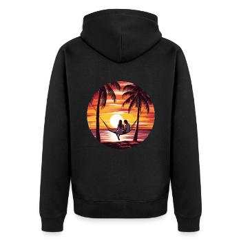 Oase Der Entspannung - Unisex Premium Bio Zip Hoodie - Schwarz - Hinten - Nico (187cm)