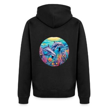 Delphin -lebendige Farben - Chromatische - Unisex Premium Bio Zip Hoodie - Schwarz - Hinten - Nico (187cm)