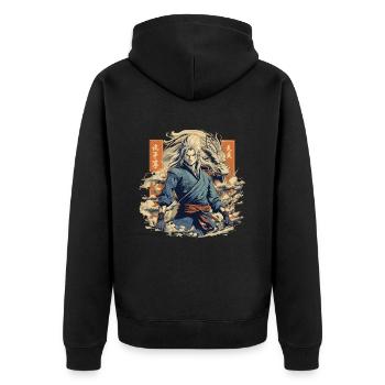 Anime Kämpfer Mit Weißen Drachen - Unisex Premium Bio Zip Hoodie - Schwarz - Hinten - Nico (187cm)